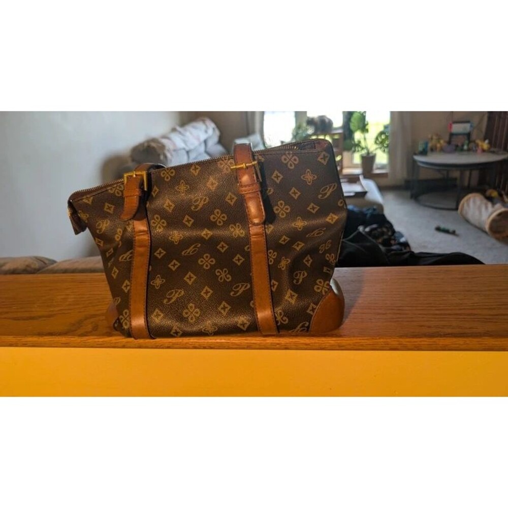 Brown Monogram Leather Strap Tote Bag Shoulder Purse